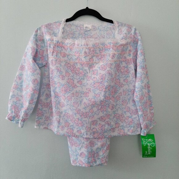Vtg NEW Girls Flannel PJ Set Flannelette Floral Smocked Lace Pink Blue by Candle - Picture 1 of 9